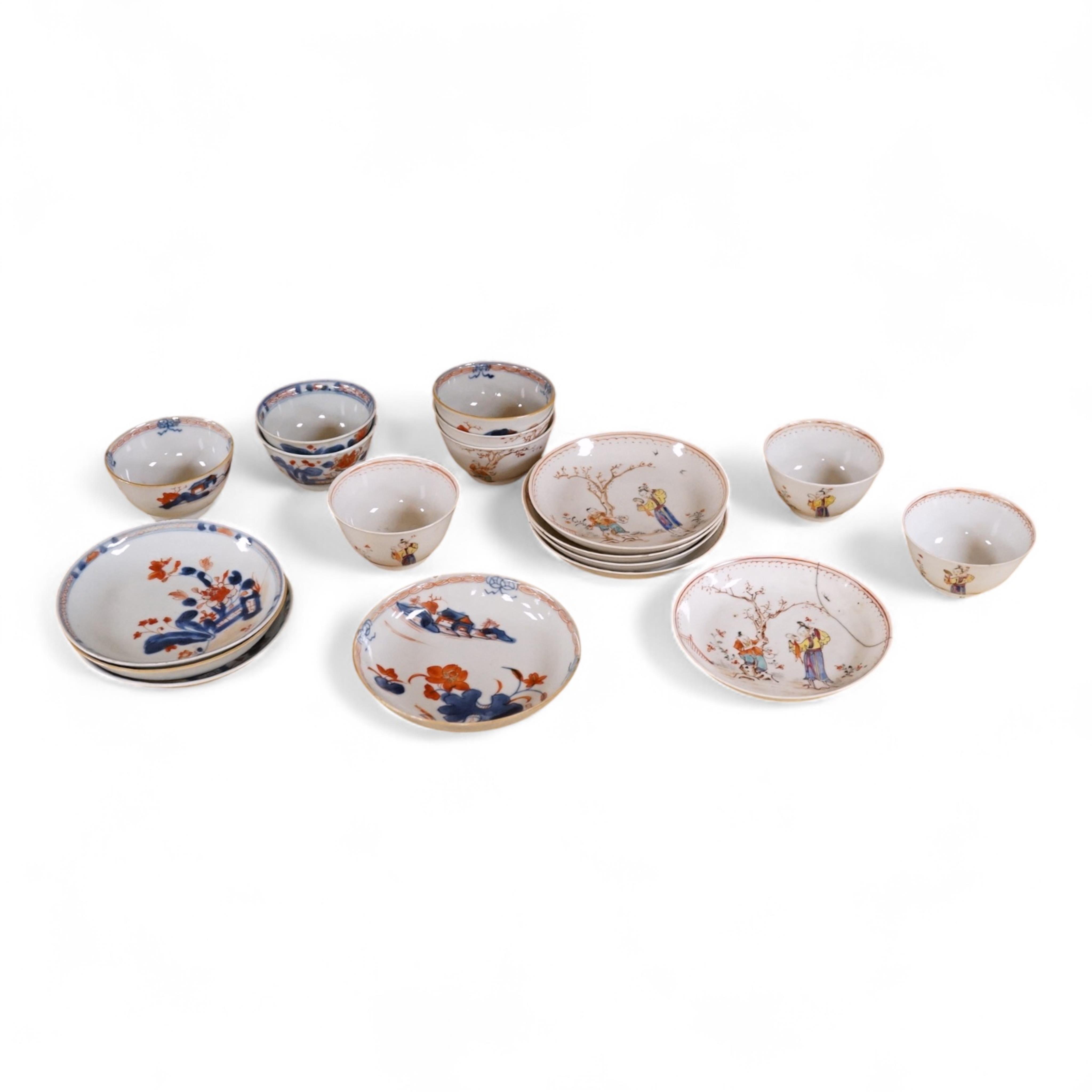 Four 18th century Chinese Imari teabowls and saucers, and a set of five 18th century famille rose teabowls and saucers, saucers 11.5cm